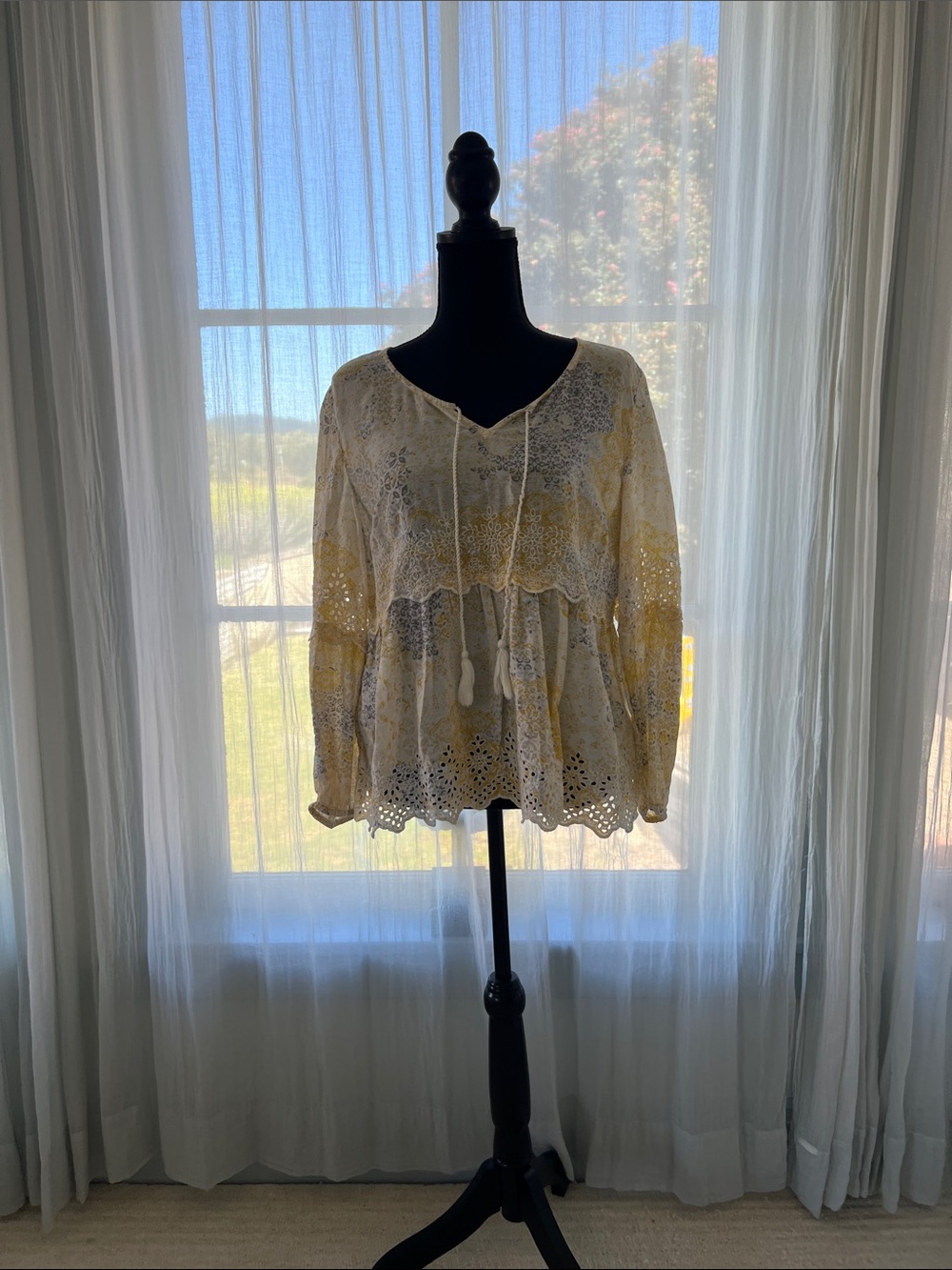 Style & Co. Cream Lace Eyelet Peasant Blouse with Tassel Tie